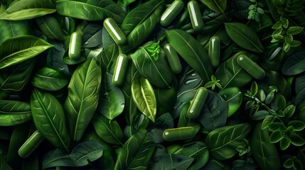 Herbal medicine in capsules made from herb leaves, top view