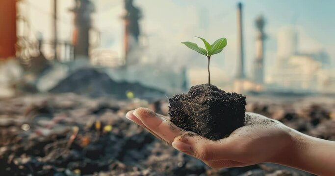 Hand with soil cube and green sprout, highlighting the shift to green technology against industrial smokestacks backdrop. Zero carbon technology