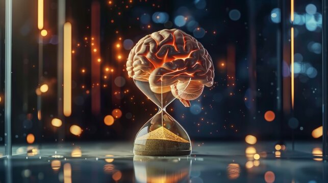 Human brain in hourglass, medical and psychology concept, brain aging, memory loss, Alzheimer's disease, mental health, thinking process, lifetime. Time is running, flow of time, passing countdown.