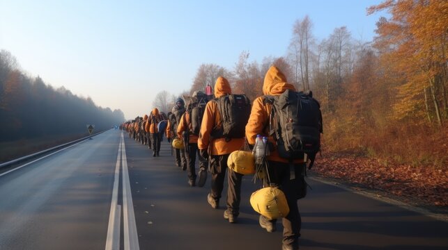 A line of hikers with backpacks trek along a misty forest road, evoking adventure and teamwork