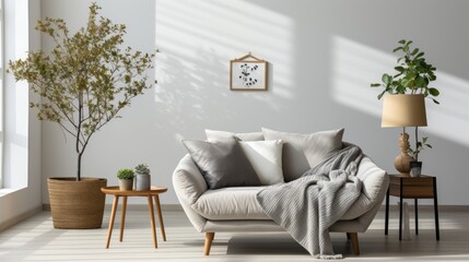 A modern and stylish living room bathed in natural light with tasteful decorations and plant life