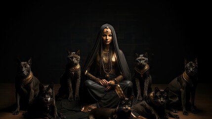 A serene woman in Egyptian attire sits surrounded by solemn black cats, exuding an enigmatic aura