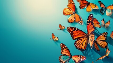 Obraz premium A blue background with a large number of orange butterflies flying around