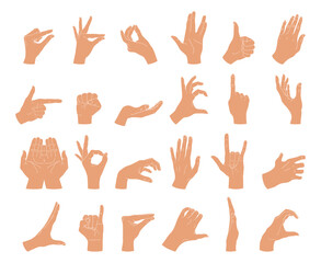 Collection of different hand gestures. Gesturing like okay sign, thumb up, pointing finger, making heart, holding hands. Vector illustration