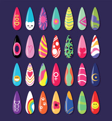 Collection of nail design art. Colorful creative manicure design. Painted nails swatches. Vector illustration