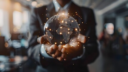 Franchise business concept, Businessman hold virtual globe with franchise business icon for growth, franchise marketing system in global business network, brand building and modern technology.