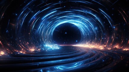 A dazzling digital art of a futuristic tunnel with glowing, swirling lights, conveying a sense of advanced technology or space travel