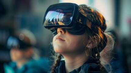 A girl wearing a virtual reality headset is looking at something
