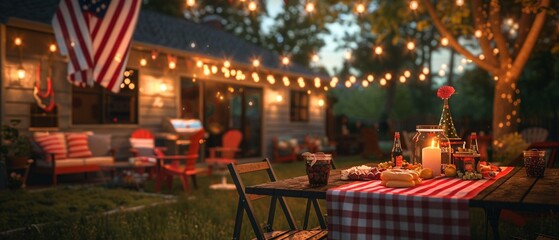 Naklejka premium A backyard barbecue with friends and family, featuring patriotic decorations and American flags, celebrating under the Stars and Stripes, Realistic, High Detail, Festive 8K , high-resolution, ultra HD