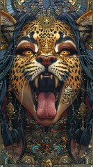 Obraz premium A woman with a leopard's face is shown with a tongue sticking out