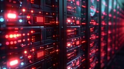 Row of network servers with glowing LED lights.