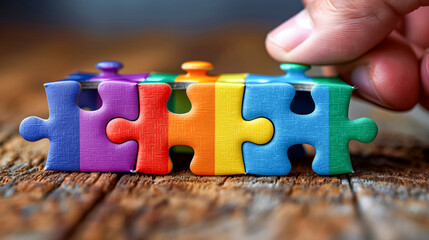 Hand Holding A Multicolored Jigsaw Puzzle Piece, Featuring Stripes Of Rainbow Colors