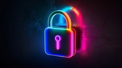 Neon Glowing Padlock Symbol on Dark Background