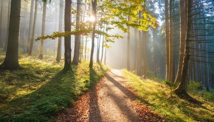 footpath through enchanted forest in autumn morning fog illuminated by sunlight