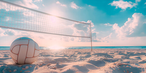 Sandy beach volleyball court with ball, sea, net, and blue sky. Perfect for holiday travel guides, vacation package advertisements, and sports event flyers, includes plenty of copy space for text
