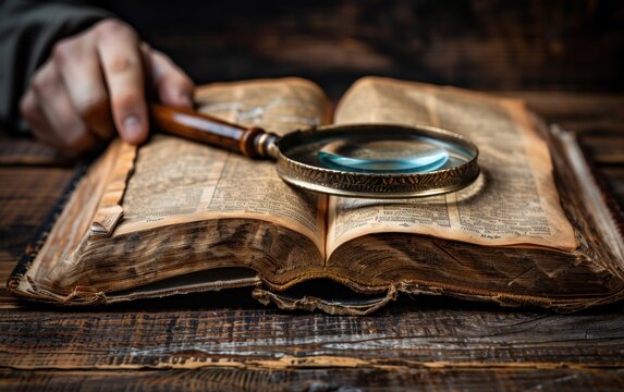 A historian carefully examines an old book with a magnifying glass