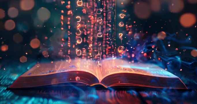 A stream of glowing neon numbers from an open book to a tablet, symbolizing the integration of knowledge and big data. Big data visualization