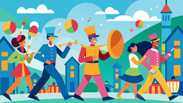 A marching band leads the way as colorful floats depicting the local heroes make their way down Main Street.. Vector illustration