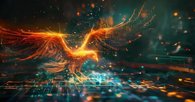 A digital phoenix ascends from outdated data, showing rebirth and insights through data mining. Data mining visualization