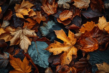 Autumn leaves , Orange maple leaves on the ground with a bokeh effect defocused background, AI generated