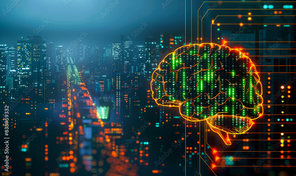 Poster futuristic 3d rendering of machine learning and cognitive computing with neon brain overlay and city