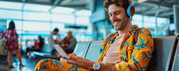 A man in a vibrant shirt relaxes with headphones and phone at airport waiting area.