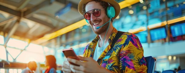 A man in a vibrant shirt relaxes with headphones and phone at airport waiting area.