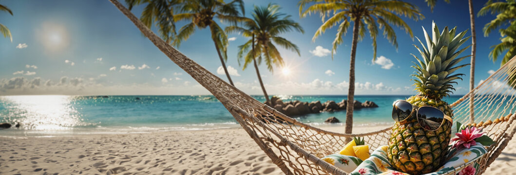 Ananas dans le hamac en bord de mer, espace vide pour du texte