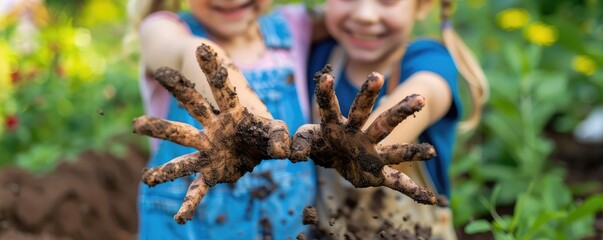 Joyful children with dirt-covered hands and faces express delight in nature play.