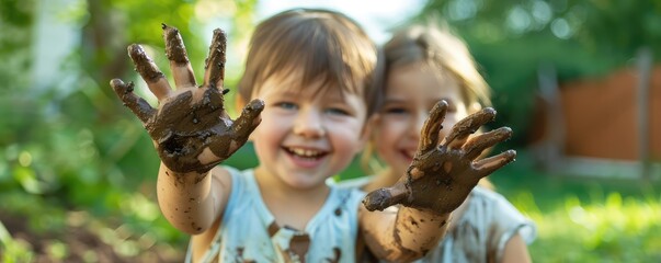 Joyful children with dirt-covered hands and faces express delight in nature play.