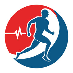 Silhouette of a man in running, joints pain with cardiogram. The joints are highlighted in a red circle. Vector image. logo. Circle logo