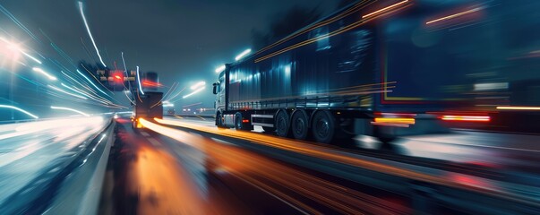 A long-exposure shot of a truck moving swiftly on a highway with light trails under the night sky.