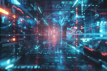 Fototapeta premium Step into a mesmerizing 3D environment, filled with holographic projections and ethereal light effects, where innovation and wonder merge.