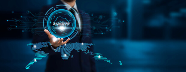 Cloud Security: Businessman Holding the Secure Network Connecting Icon Linking Business and Data...