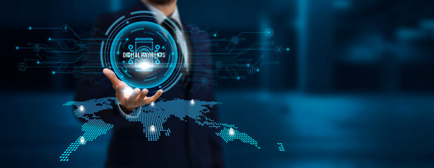 Digital Payments Businessman Holding the Secure Network Connecting Icon Linking Business and Financial Transactions with Payment System and Global Network