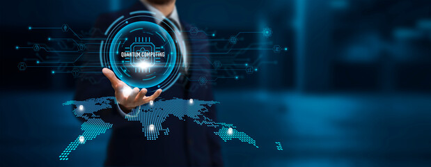 Quantum Computing: Businessman Holding the Quantum Network Connecting Icon Linking Business and...