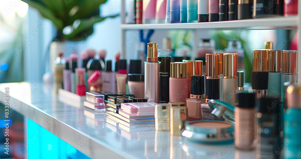 Poster Various makeup products neatly arranged on shelves, showcasing an array of colors and brands with sunlight illuminating the display.