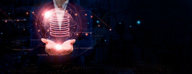 Big Data Businessman Holding Global Structure Networking and Data Connectivity, Analytics, Insights, Visualization, and Social Network © Shevon