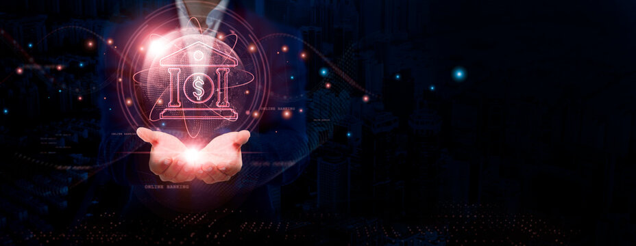 Online Banking Businessman Holding Global Structure Networking and Seamless Connectivity, Security, Accessibility, Efficiency, and Social Network.