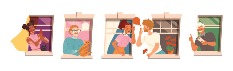 Man and Woman Character in Open Window as Neighbor Vector Illustration Set