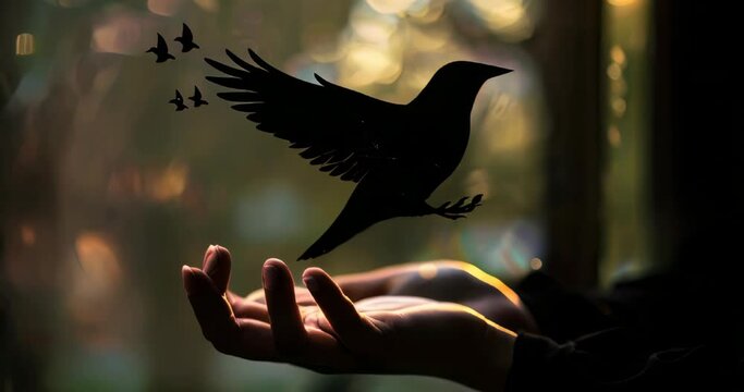 Hands making a bird shadow puppet, its shadow evolving into data visualization, illustrating the freedom of data flow. Big data visualization
