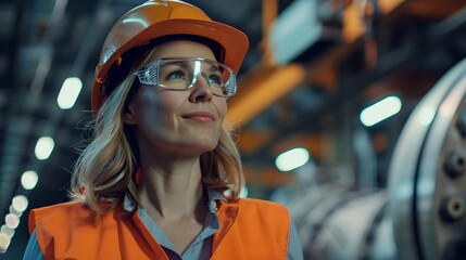 Happy female industrial worker in a factory. Portrait of woman. Industry manufacturing and production concept. Industrial specialist. Design for banner, poster with copy space
