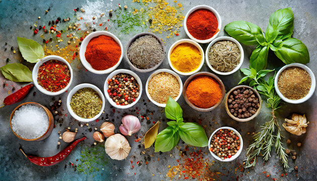 Cuencos con hierbas y especias variadas sobre un fondo r&uacute;stico. Vista superior y de cerca. AI generativa