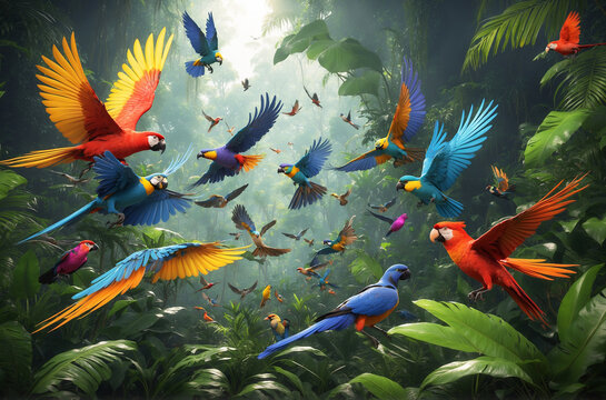 Colorful parrots flying in the jungle