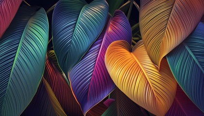 tropical leaves in a bright coloured pattern on a dark background - Powered by Adobe