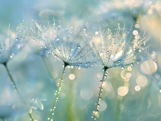 A field of flowers with raindrops on them with sunshine