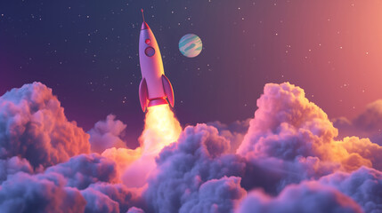 3D Realistic Cartoon Space Rocket with Smoke Featuring Pastel Colors, Rendered with Soft Lighting