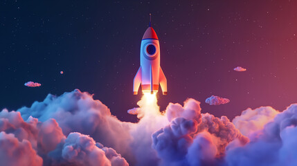 3D Realistic Cartoon Space Rocket with Smoke Featuring Pastel Colors, Rendered with Soft Lighting