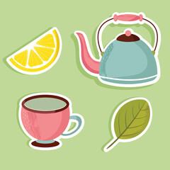 The stickers  painted with paints: teapot, lemon, cup, leaf