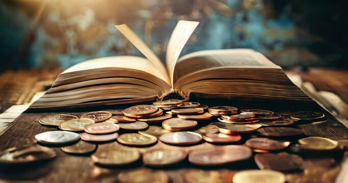 Bar graph pages from open book surrounded by coins, representing dividend narrative. Dividend strategies